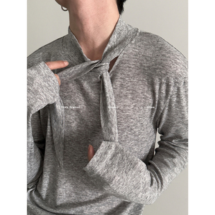 T恤男女款 小众系带立领长袖 设计感纯色轻薄慵懒上衣 FEWEST VERY