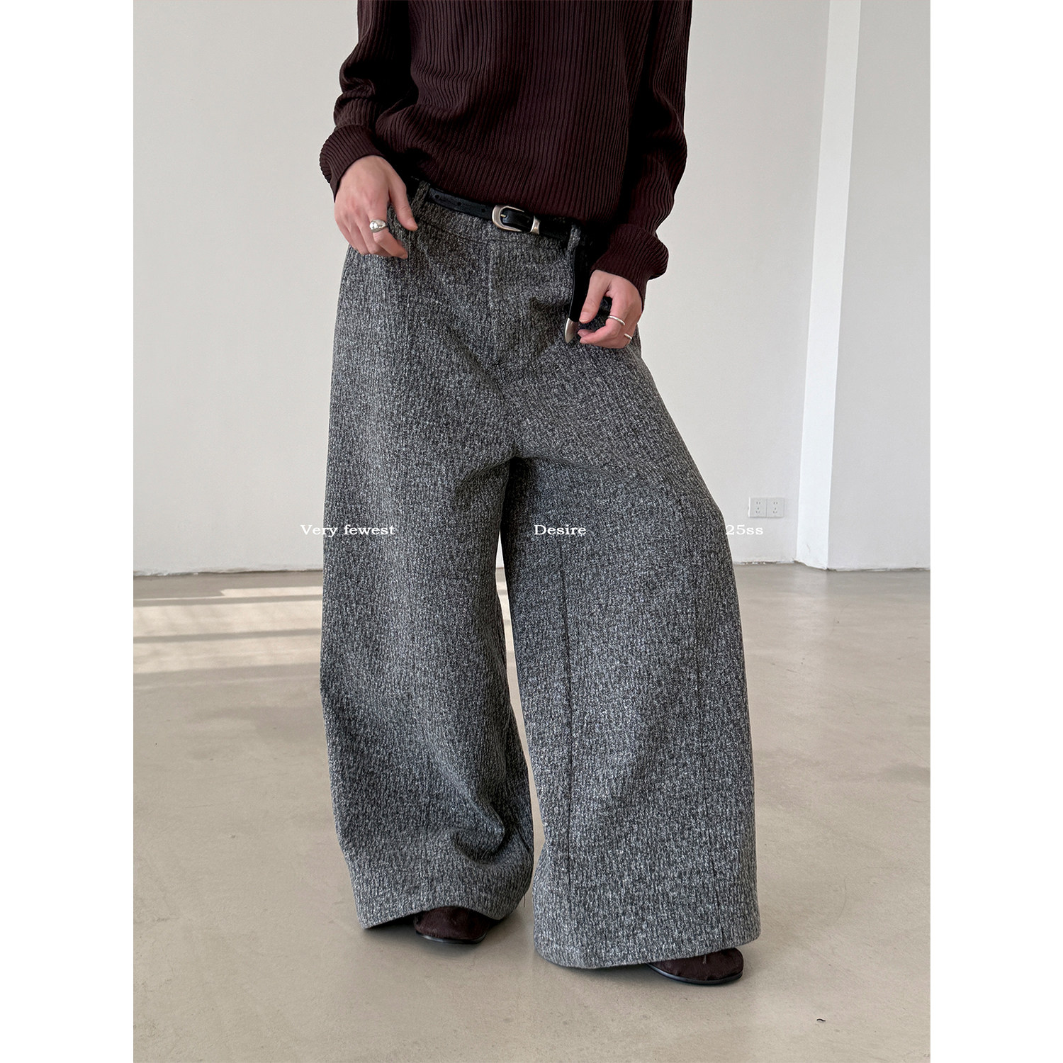 老钱松弛感混色毛呢阔腿休闲裤