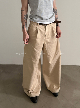 VERY FEWEST 卡其色通勤工装阔腿裤设计感A字廓形打褶拖地休闲裤