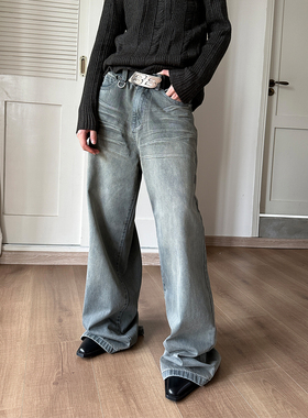 8.23 20:00 Very Fewest 小众压褶宽松拖地裤设计感蜡面牛仔裤