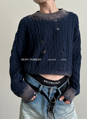 VERY FEWEST 小众渐变喷染廓形短款套头毛衣外套设计感破洞针织衫