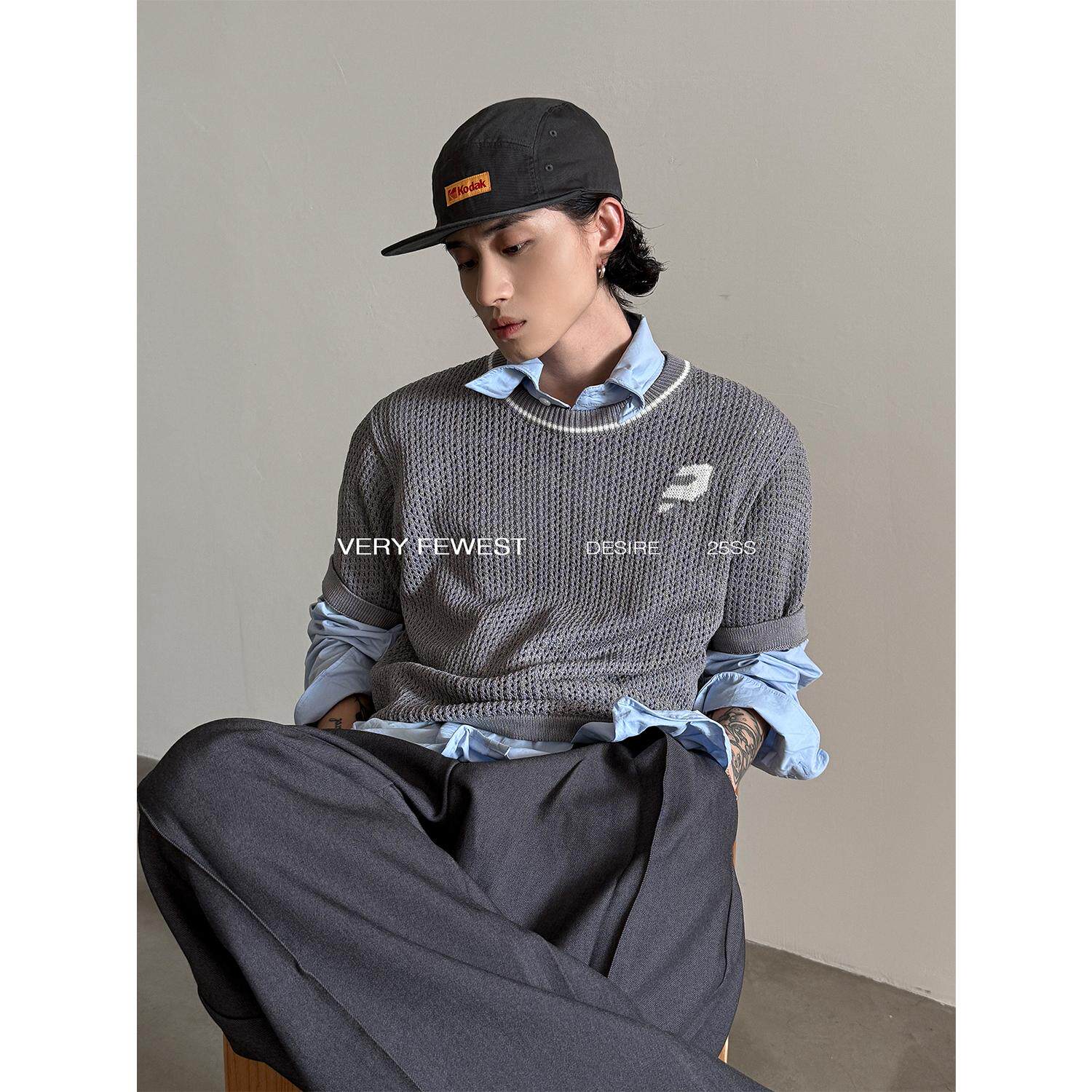 高级叠穿设计撞色镂空短袖针织衫