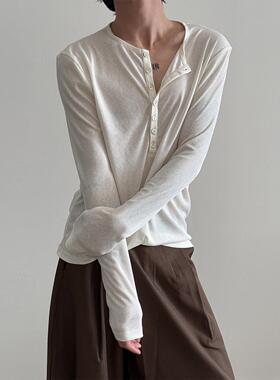 VERY FEWEST 禁欲系天丝慵懒感亨利领长袖T恤中性轻盈透感打底衫