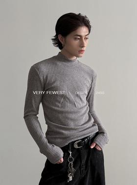 VERY FEWEST 时髦亲肤坑条纹半高领长袖T恤中性高级感修身打底衫