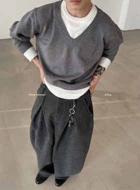 VERY FEWEST 懒人叠穿风双层撞色假两件针织衫羊毛混纺松弛感毛衣