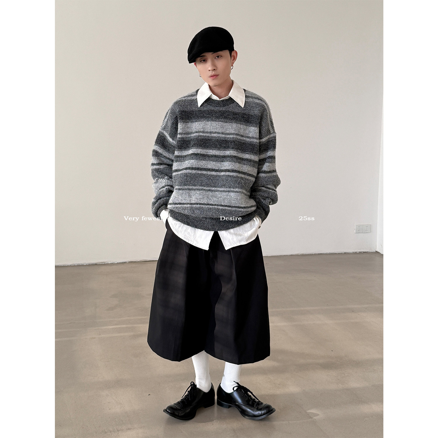 VERY FEWEST 松弛感灰色条纹毛衣中性风设计感撞色羊毛针织衫