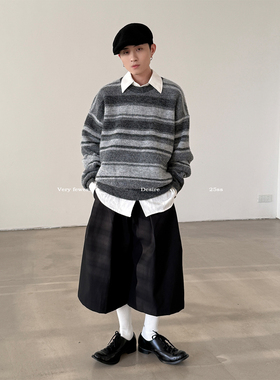 VERY FEWEST 松弛感灰色条纹毛衣中性风设计感撞色羊毛针织衫