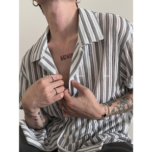 cleanfi撞色竖条纹垂感短袖 美式 衬衫 夏季 VERY 古巴领开衫 FEWEST