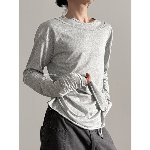 高弹性层次感假两件长袖T恤男女