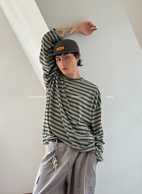 VERY FEWEST 亲肤垂感撞色毛边条纹长袖T恤春夏防晒慵懒宽松上衣