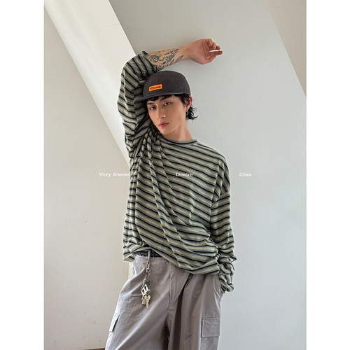 亲肤垂感撞色毛边条纹长袖T恤