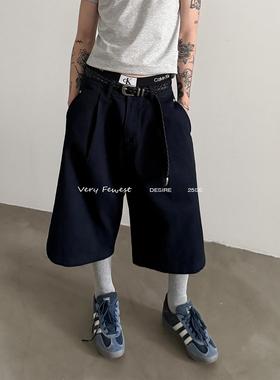 VERY FEWEST 立体剪裁深蓝水洗休闲阔腿牛仔短裤男女款宽松七分裤