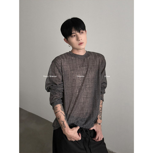 松弛感暗纹微透宽松长袖T恤男女