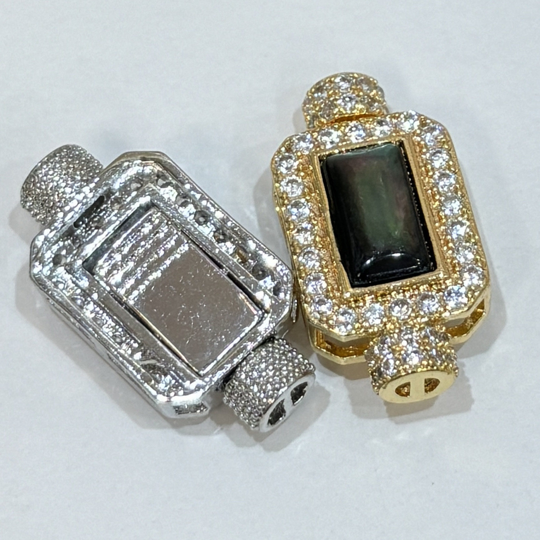 镀铜天然贝母插片扣 手工diy微镶锆石按压方形珍珠扣