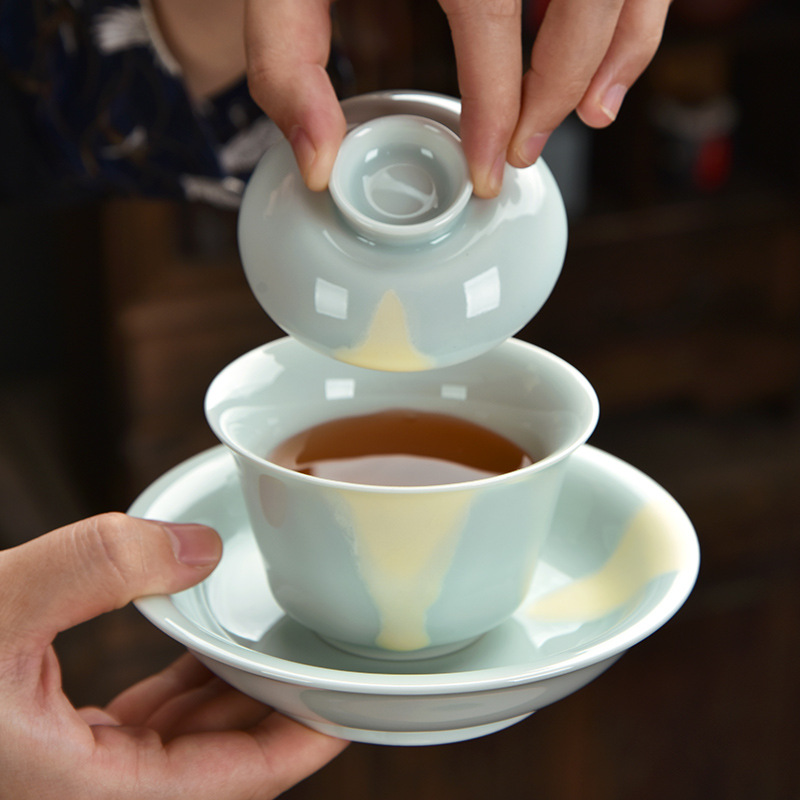 汝窑斗笠三才盖碗陶瓷茶杯单个泡茶碗带盖功夫茶具高端郎红盖杯