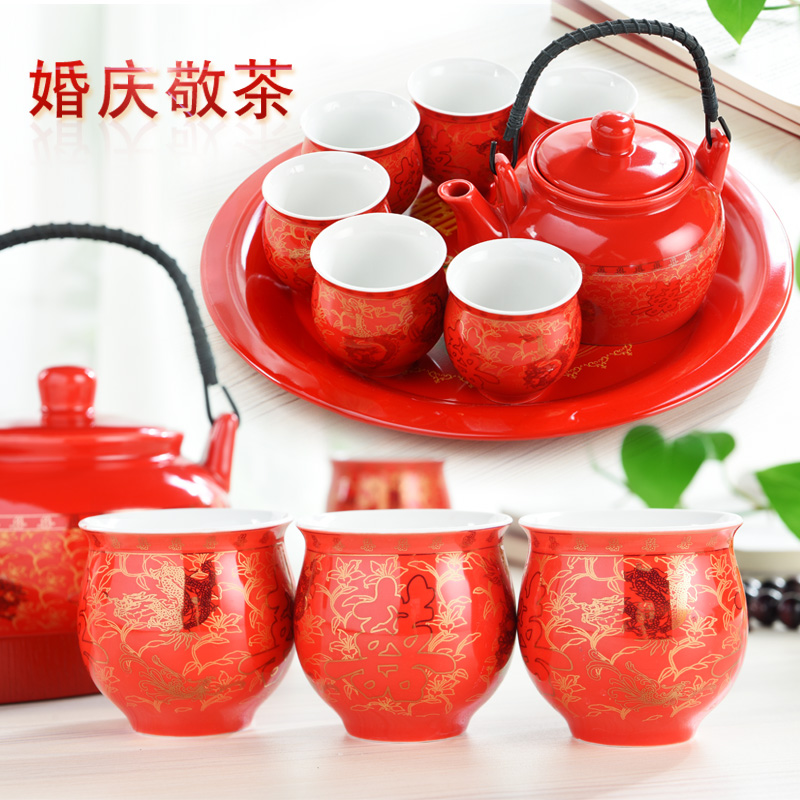红色大容量龙凤双喜整套托盘茶具
