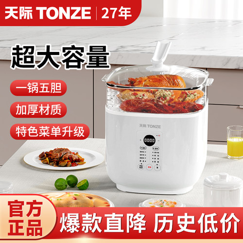 天际大容量全自动隔水炖盅陶瓷银耳煲G汤锅5升电家蒸煮一体6人用