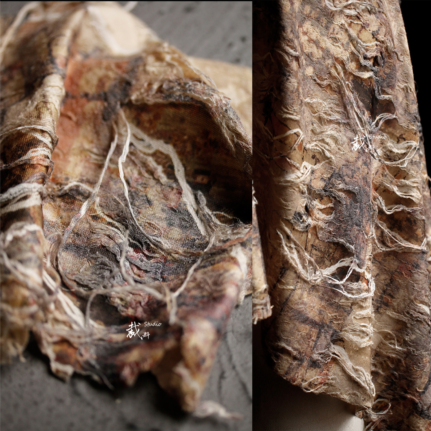 蚀岩 颓废破烂花针织棉流苏做旧老钱风复古棕面料服装设计师布料