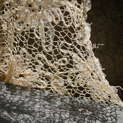 裁料肌理米黄色镂空透视网纱布料