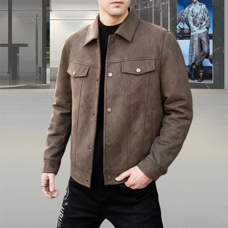 欧货高端翻领鹿皮绒羽绒服夹克外套2023冬季新品修身休闲字母压花