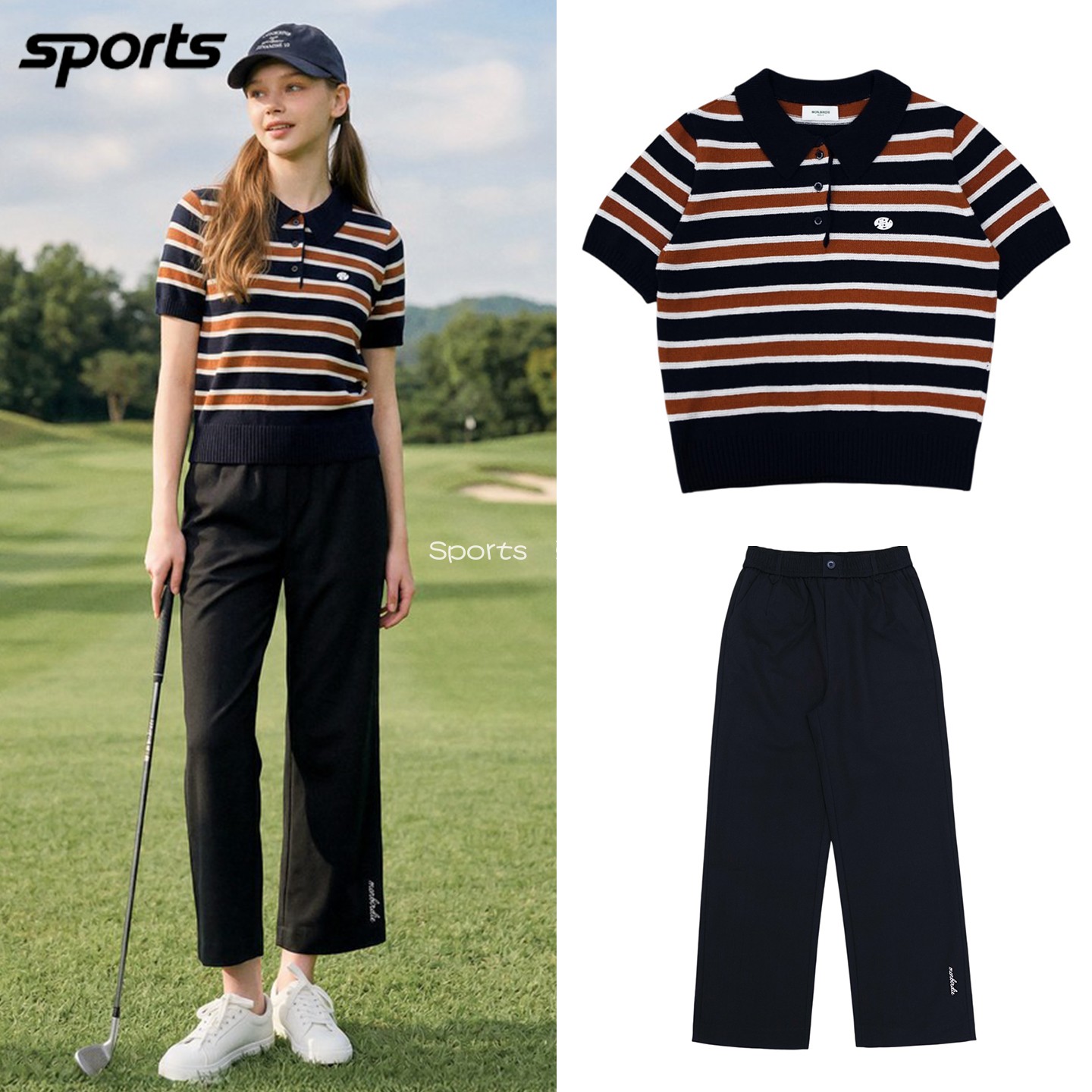 韩国代购monbirdie高尔夫穿搭26夏条纹短袖针织衫长裤运动女套装