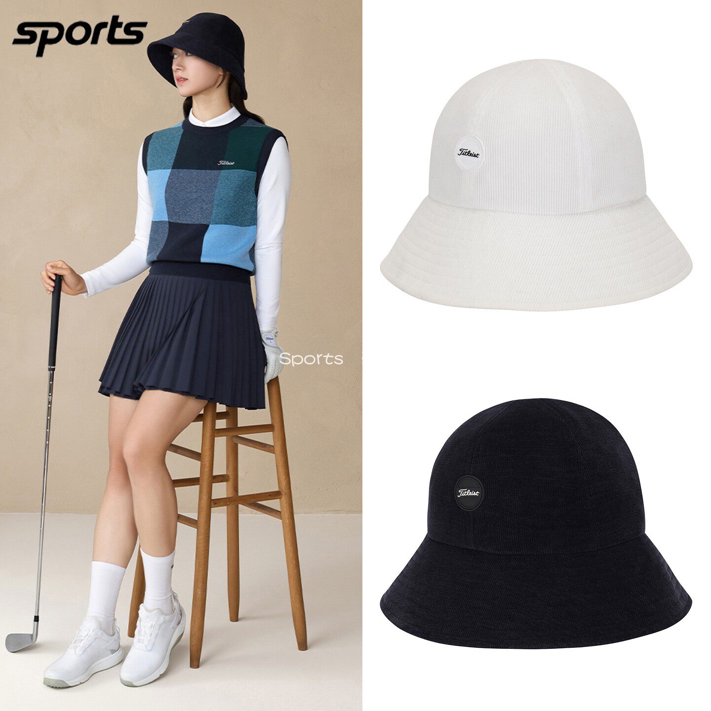 韩国代购titleist高尔夫26秋冬灯芯绒宽檐保暖防风运动桶帽女球帽