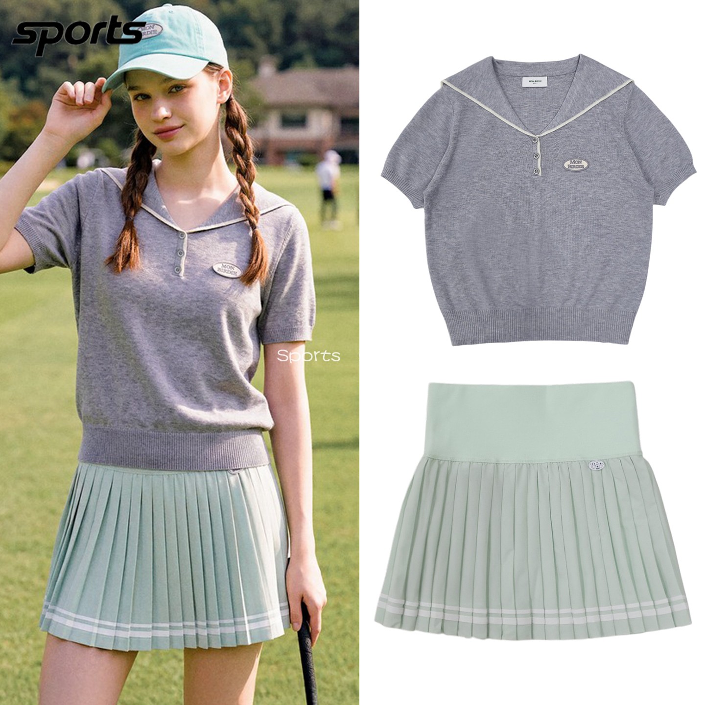 韩国代购monbirdie高尔夫26夏学院风海员翻领短袖短裙运动女套装