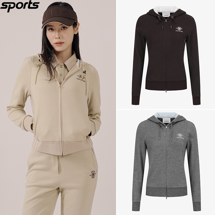 韩国代购southcape高尔夫25秋连帽保暖羊毛混纺运动针织衫开衫女