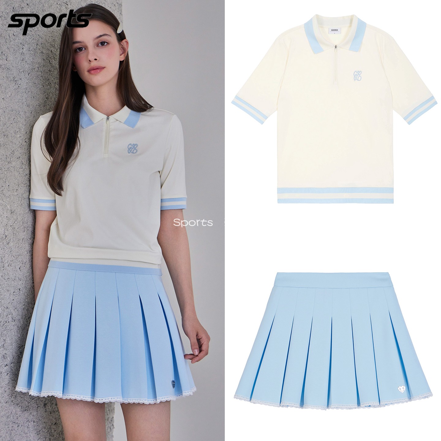 韩国代购GOXO高尔夫26年夏少女风蕾丝边短裙短袖POLO衫运动女套装
