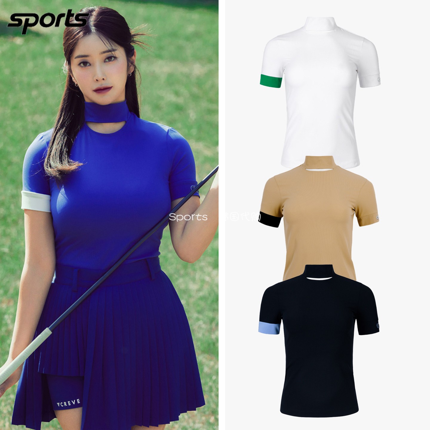 折扣款韩国代购CREVE NINE高尔夫球服女拼色立领运动休闲短袖T恤