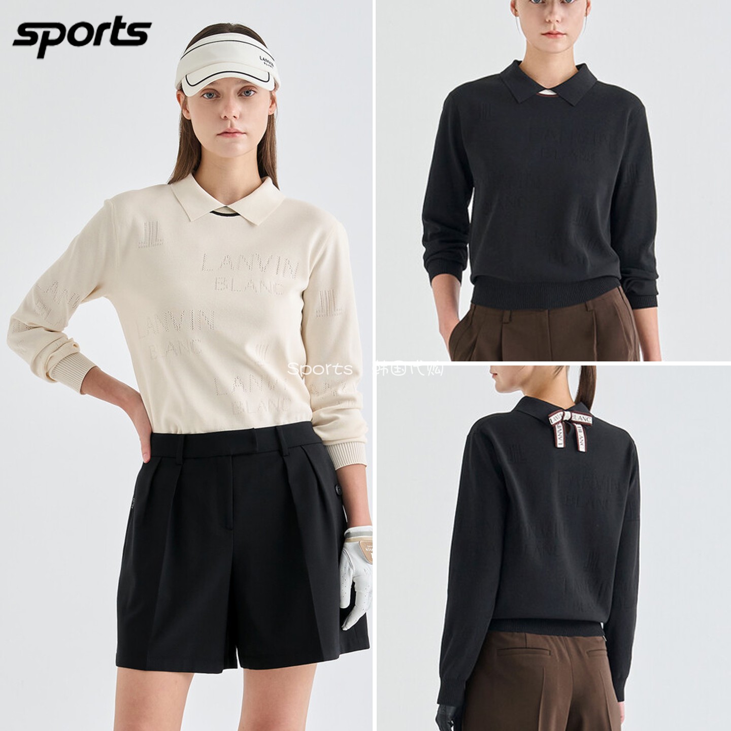 韩国代购lanvin blanc高尔夫球服26秋冬女标志丝带翻领针织上衣