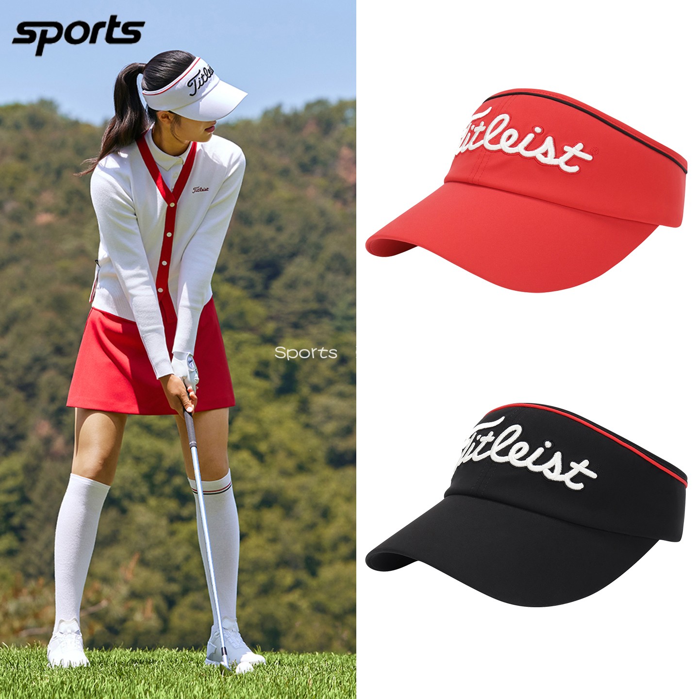 韩国代购titleist高尔夫26年秋撞色宽檐遮阳帽松紧调节运动女球帽图片