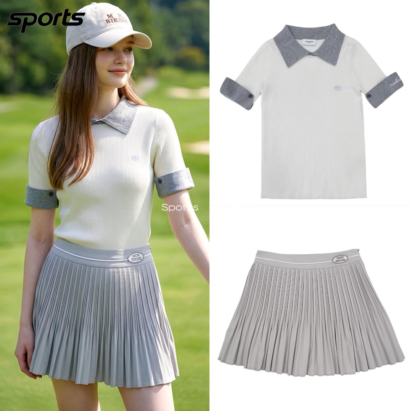 韩国代购monbirdie高尔夫26年夏少女风针织短袖百褶裙户外女套装