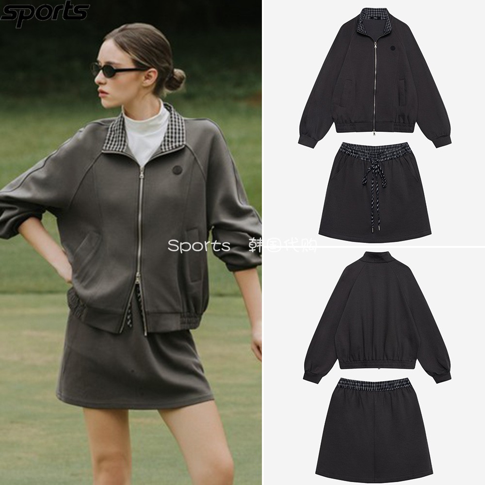 韩国代购ober golf高尔夫26秋冬户外翻领长袖卫衣短裙运动套装女