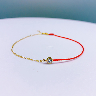 18k金法国红绳编织手链半绳半链10分莫桑钻金手饰不掉色