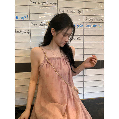 王少女的店粉色做旧吊带连衣裙2024夏季小个子甜美仙女无袖长裙子