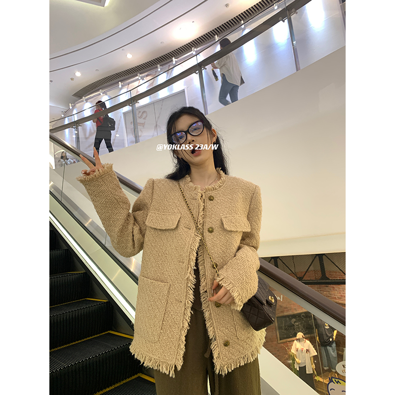 王少女的店卡其色流苏小香外套2023年秋冬多口袋设计宽松百搭上衣