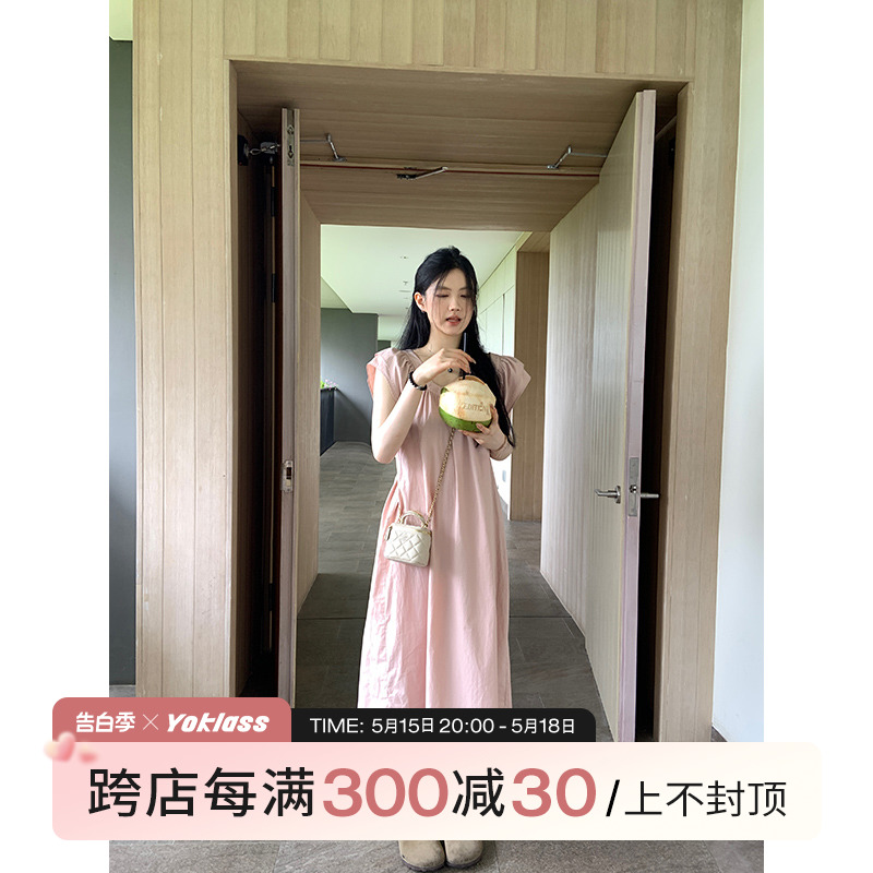 王少女的店粉色小飞袖连衣裙2024夏方领甜美度假宽松长款显瘦裙子