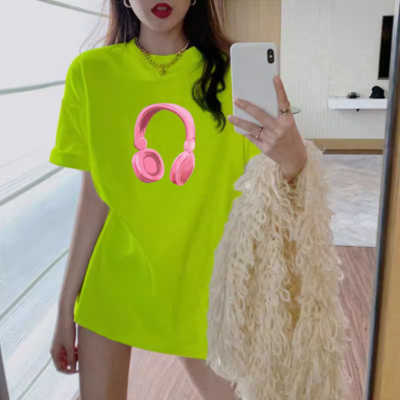纯棉荧光绿耳机短袖T恤女夏季新款欧货大版潮牌时尚中长款ins同款