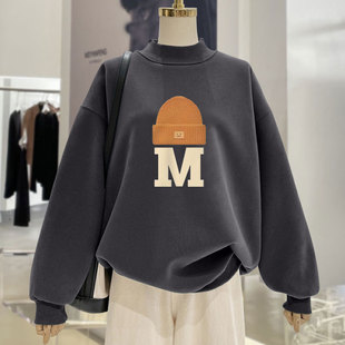 炭灰色字母半高领卫衣女秋冬季欧货宽松大版百搭潮牌中长款打底衫