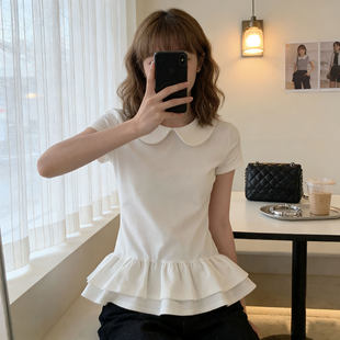 韩版 夏季 时尚 洋气娃娃领衬衫 显瘦上衣 白色t恤女短袖 修身 2026新款