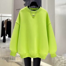 荧光绿纯色圆领卫衣女秋冬季加绒加厚情侣款欧货保暖潮牌大版上衣