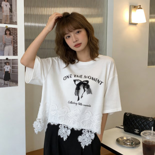蕾丝绣花拼接大版 白色t恤女短袖 韩版 夏季 宽松设计感上衣 2026新款