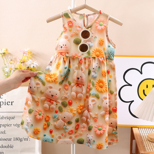 宝宝立体卡通图案背心裙夏季女童碎花连衣裙女孩无袖公主裙长裙夏