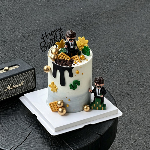 父亲节美金爸爸福袋西装老板生日蛋糕装饰摆件一家之主甜品台插件
