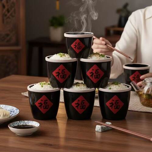 中式复古陶瓷福字缸调料隔水炖油盐带盖辣椒家用调味瓦罐商用餐具