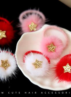 儿童皮筋头绳发圈毛毛红色星星不伤发宝宝发绳宝宝毛绒绒软糯头饰