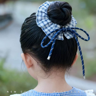 女童蓝色双层大肠发圈女2025新款学院风高级感儿童扎丸子头发头花