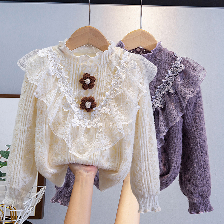 女童加绒打底衫秋冬外穿儿童半高领花边上衣小女孩内搭衣长袖春秋