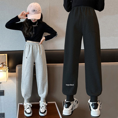 女童加绒裤子秋冬2025新款儿童加厚卫裤女孩大童一体绒休闲运动裤
